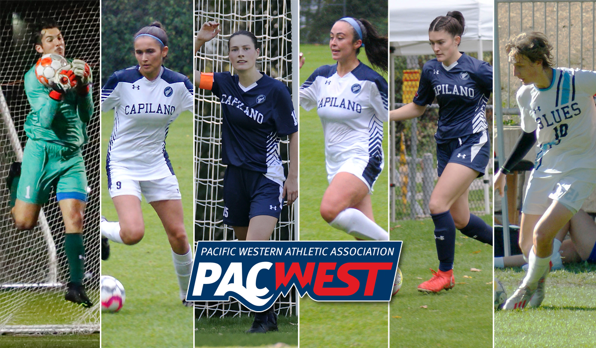 Blues soccer players (left to right) Brandon Lecce, Alanah Dulong, Julia Peyton, Aynsley Hurtado, Maya Smith and Tommy Millar are 2023 PACWEST All-Stars.