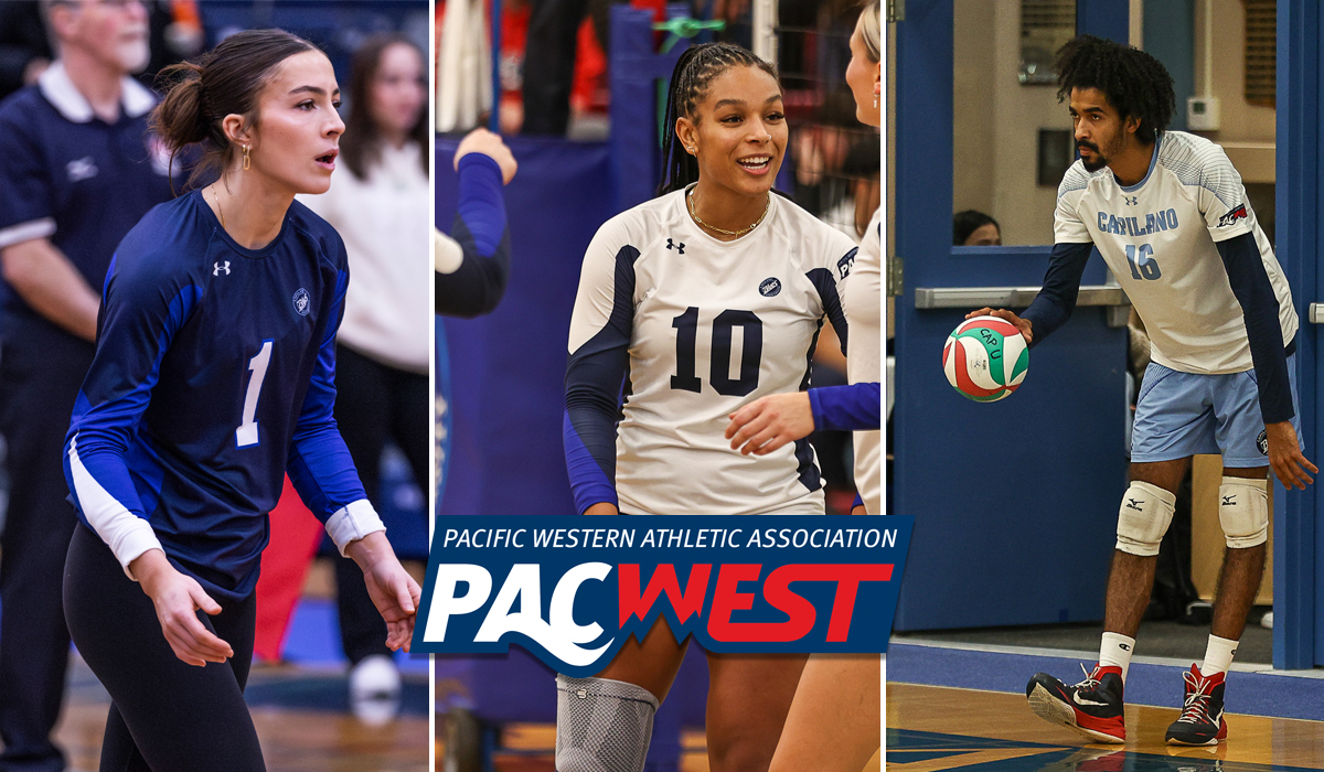 Blues libero Vanesa Gatto (left), outside hitter Nnya Mbaoma (middle) and outside hitter Dario Pereira earned spots on the 2023-24 PACWEST All-Star teams.