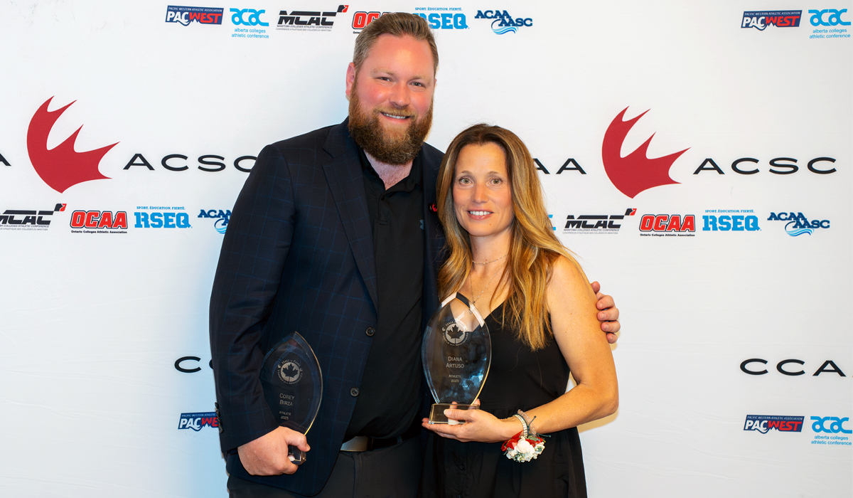 All-time Blues soccer greats Corey Birza and Diana Artuso were officially welcomed to the CCAA Hall of Fame June 17 at a ceremony in Kelowna. 