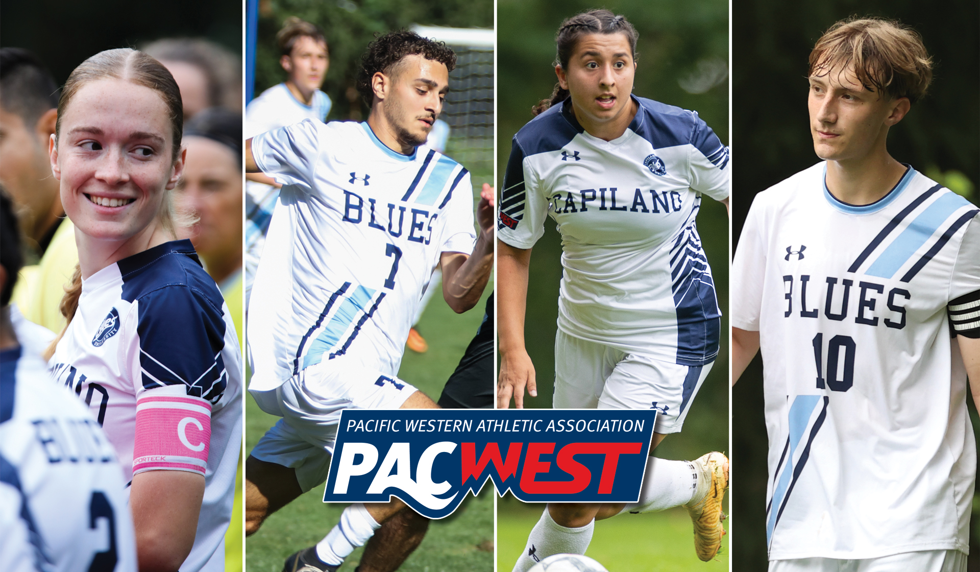 The 2025 PACWEST soccer All-Stars include four Capilano Blues athletes: (from left) Lauren Grey, Sebastian Cirotto, Sophie Pather and Tommy Millar.