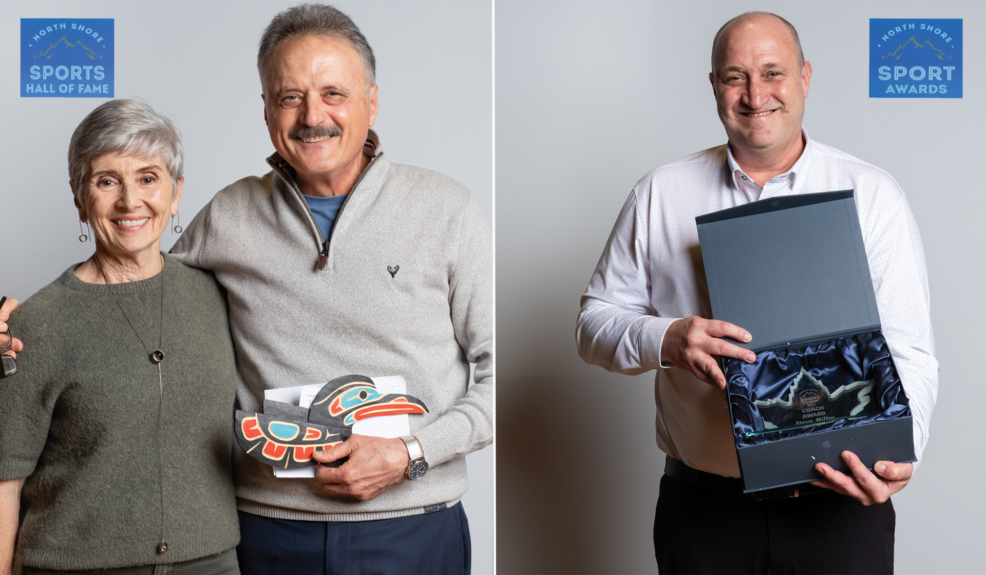 Blues men's soccer head coach Steve Millar (right) and former men's head coach and past Capilano athletic director Joe Iacobellis each earned recognition at the recent North Shore Sport Awards ceremony. (North Vancouver Recreation & Culture photo)