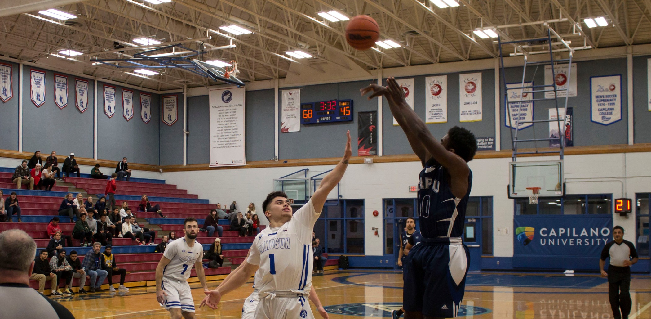 Second-year guard Kiante Knight rises for a shot in Capilano's 103-79 win over Camosun.