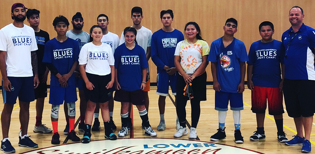 Players and coaches at the CapU Blues basketball camp hosted at the LSIB Community Health Centre near Keremeos, BC. Photo supplied by Cassidy Kannemeyer.