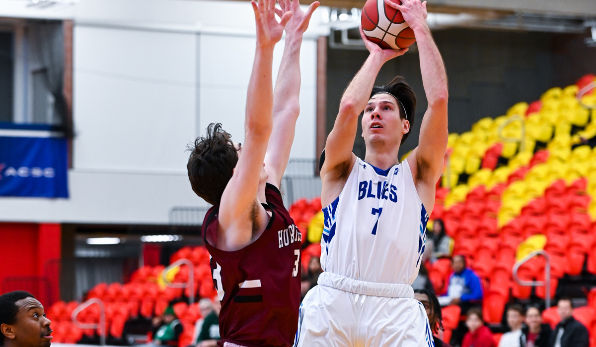 Marko Cosic pulls up for a jumper as part of a 119-100 victory over Holland College Friday at the CCAA national championship tournament.