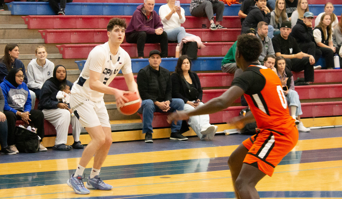 Russell Curley hit five threes in both games and shot 63 per cent from downtown, helping the Blues to a road split at Okanagan College.