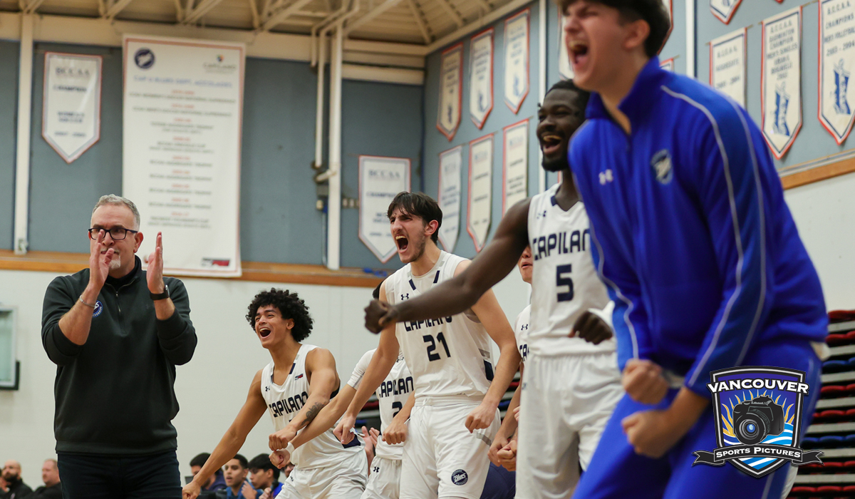 The Capilano bench reacts to a bucket. The Blues reserves were key in a Jan. 25 win at Douglas that secured a two-game sweep of the Royals on the road. (Vancouver Sports Pictures)