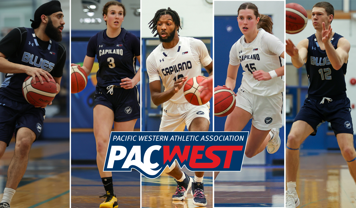 Capilano basketball players (left to right) Ajaypayl Hayer, Barcha Hnizdilova, Damein Coleman, Mia Parkin and Kash Lang are 2025 PACWEST All-Stars.