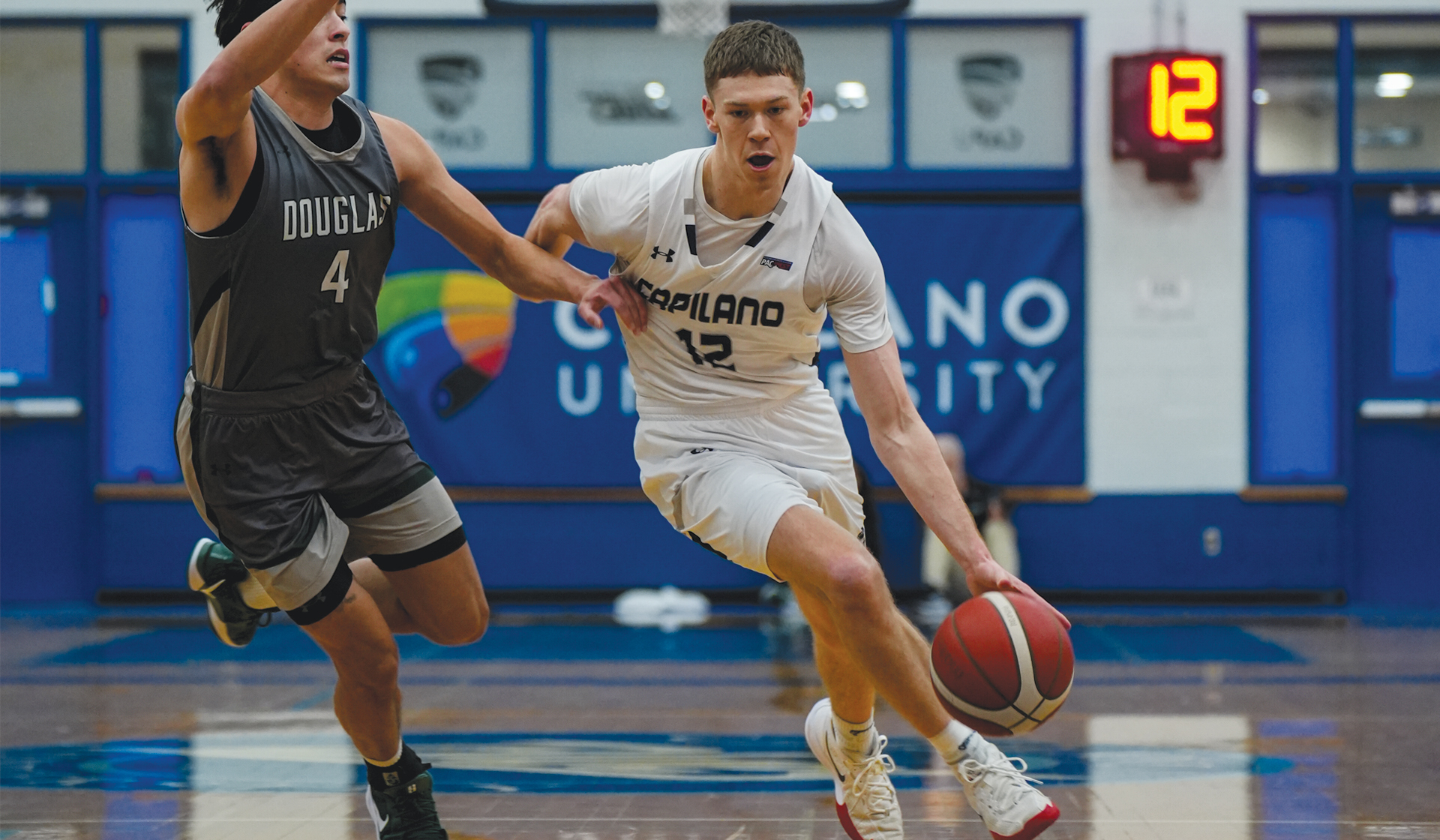 Kash Lang (12) helped the Blues to two wins on the road at Douglas College to open the 2025-26 PACWEST season.