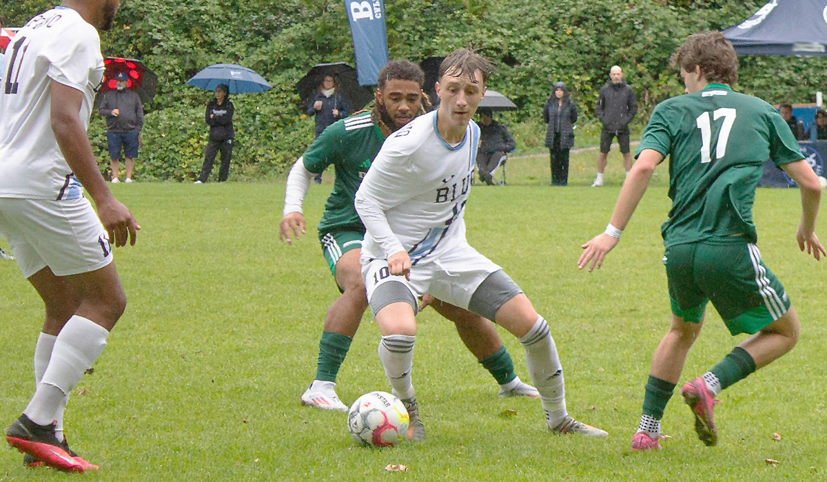 Tommy Millar (10) stood tall in the middle of the park for the Blues in home games against VIU and Douglas Sept. 21 and 22. (Blues Athletics photo)