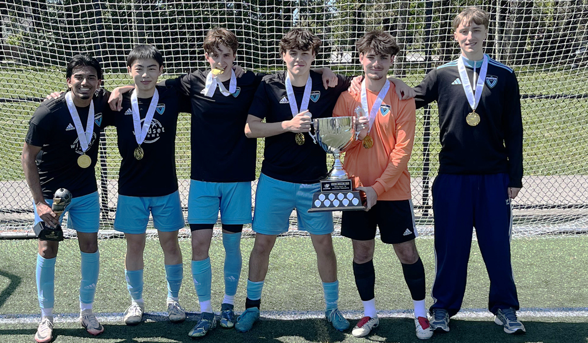 Blues recruits (from left) Aydin Ali, Rinto Sugiyama and Callan Wevers and current Blues players Marcos Navarro and Graydon Sherle thrived playing for CapU captain Tommy Millar, who has had an impressive start to his coaching career. (Tommy Millar photo)