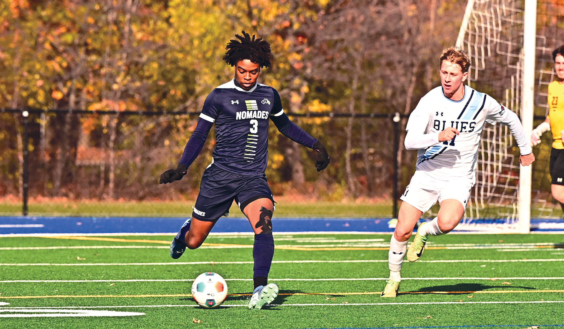 Capilano's Zach Gabrys attempts to track down Marcus Lubérisse of Montmorency at the CCAA Nationals as part of an eventual 3-0 win for the Quebec side.