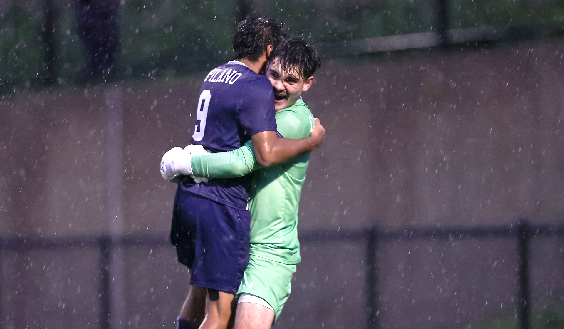 Aydin Ali (9) and Graydon Sherle celebrate a win in penalty kicks over Douglas College in the PACWEST semifinal Oct. 25 (Vancouver Sports Pictures)