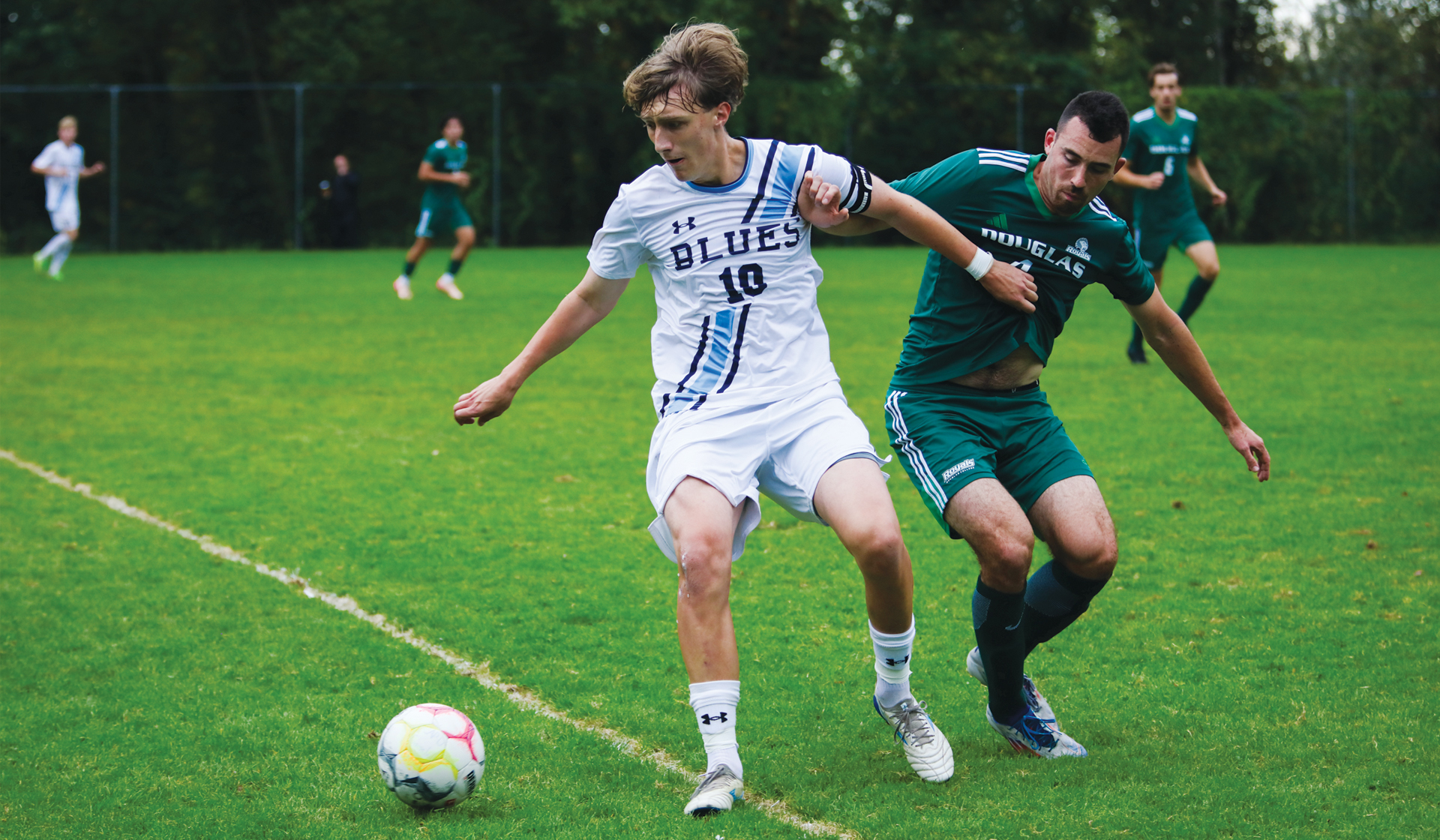 Tommy Millar (10) set up both Blues goals Saturday and was used all over the pitch Sunday, helping the Blues to a draw at home with Douglas. (Braeden Yu photo)