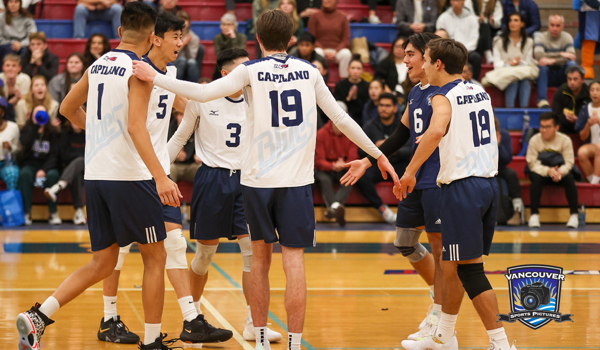 Capilano Blues men's volleyball took a five-set win Feb. 4 to split their most recent PACWEST weekend at Columbia Bible College.