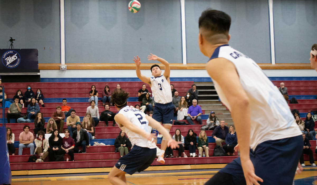 Jenson Yuen gets airborne for a set Friday during a 3-1 win over visiting Vancouver Island University.
