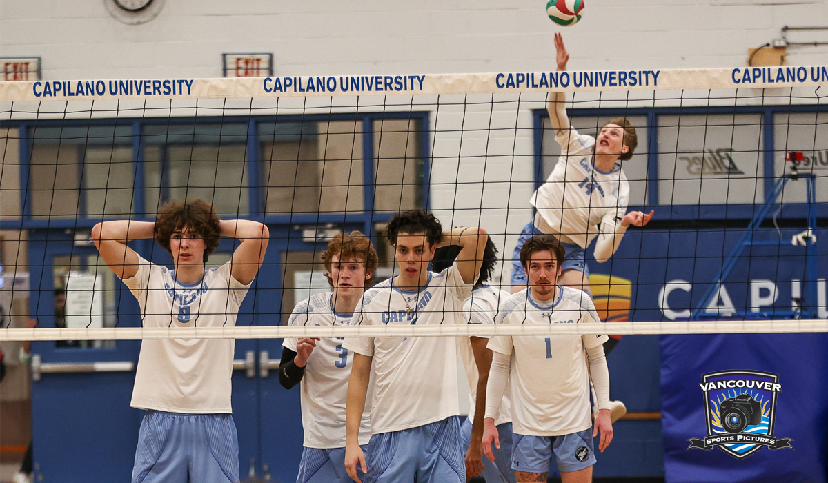 Jakob Leinemann unleashes a serve in a Friday, Feb. 2 loss to Douglas College. 