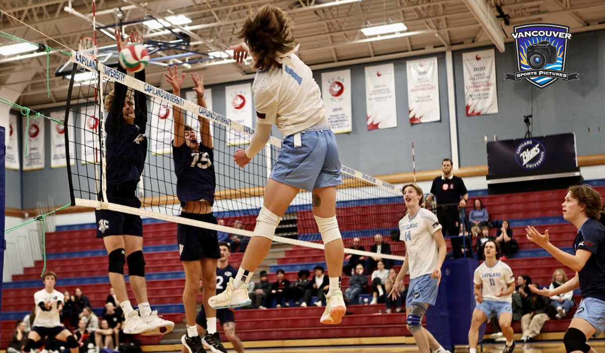 Brendan Zebrynski (1) and his Capilano Blues teammates were unable to take a set off Camosun College in a Jan. 26-27 road trip.