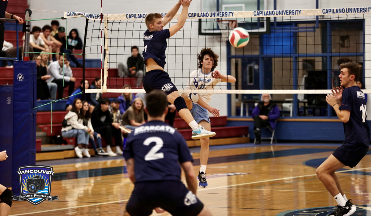 Isaiah Ohori blasts a kill past the Columbia Bible College defence Friday night as part of a three-sets-to-one setback.