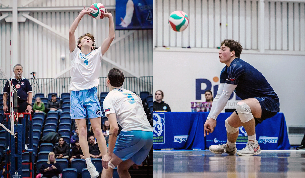 Setter Liam Martin (left) and libero Oli Westhaver (right) showed well for the Blues in their opening weekend at Camosun College but CapU wasn't able get a win over the Chargers. (Reese Nowotny photo)