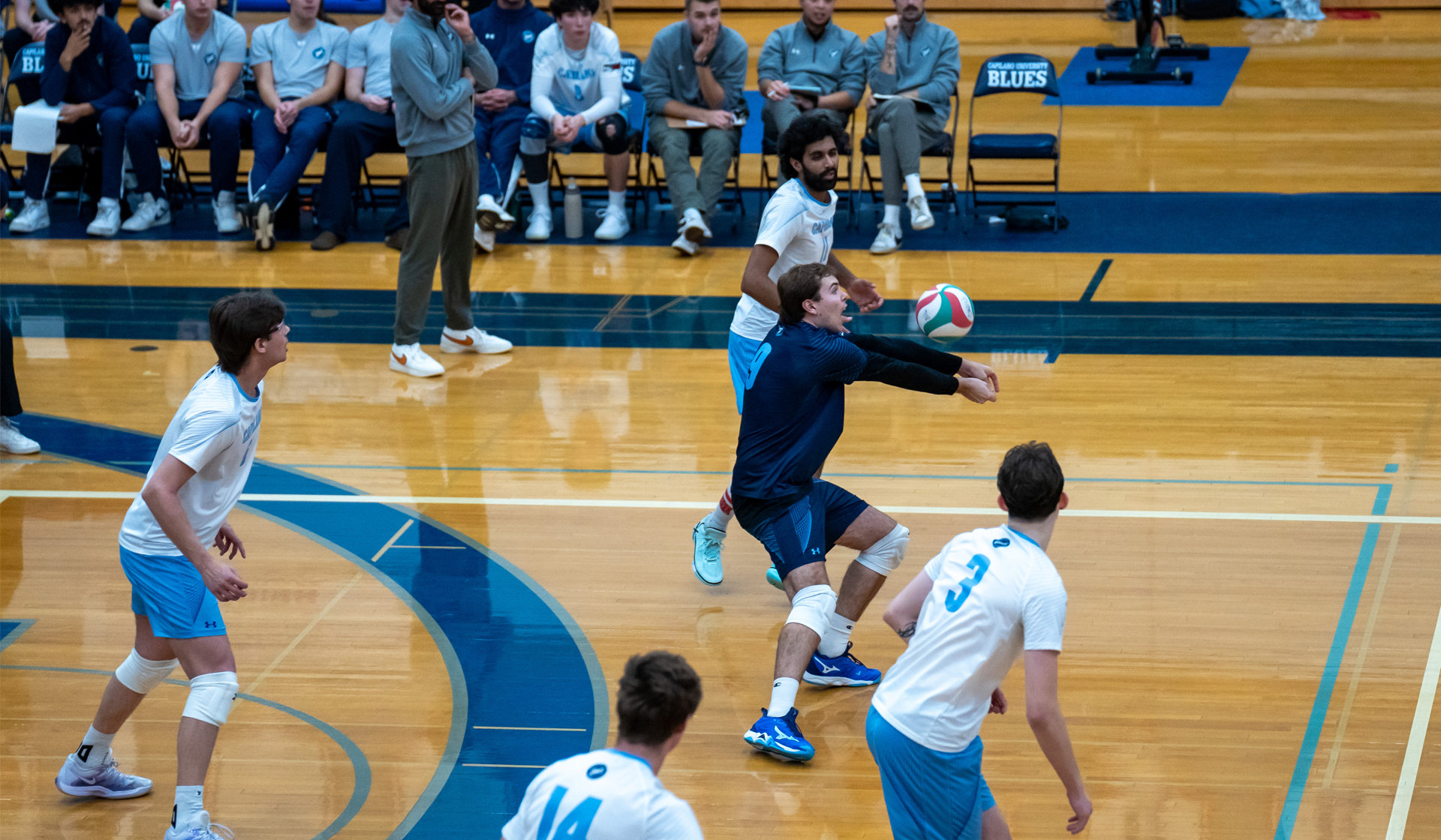 Connor Collinson-Lea takes the first touch, helping the Blues to a 3-1 home win over CBC Nov. 21. (Chris Raeside photo)