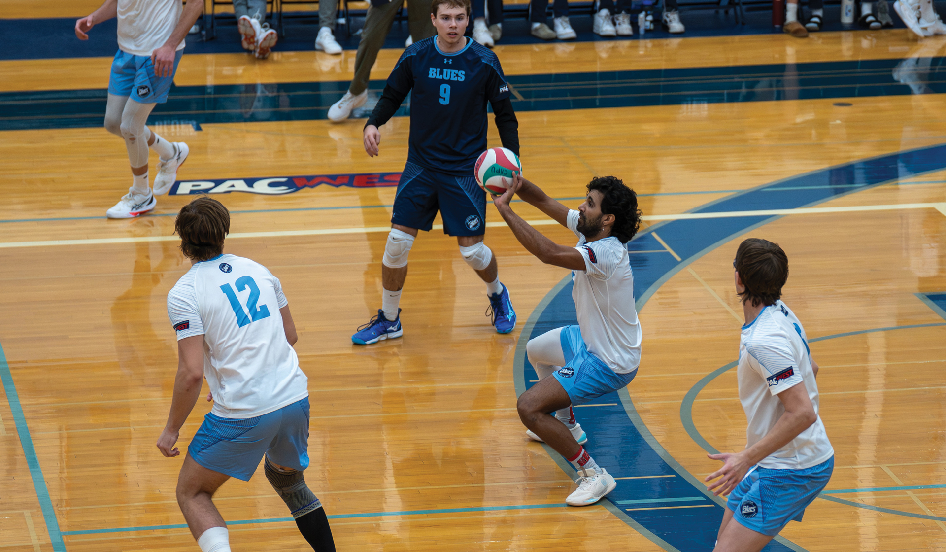 Shub Wander handles a serve as part of a 3-1 win over Camosun that gave the Capilano Blues their first victory of the 2025-26 PACWEST campaign. (Chris Raeside photo)