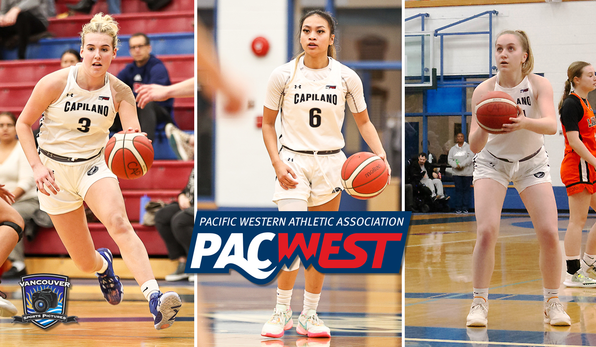 Barcha Hnizdilova (left), Kirsten Abo (centre) and Maddy Coffin were recognized with PACWEST All-Star honours for the 2023-24 season.
