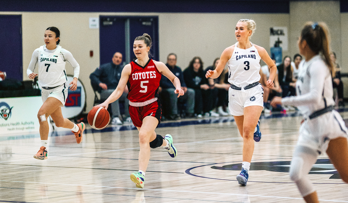Soleil Wilding (5) and the Okanagan College Coyotes defeated the Capilano Blues in the PACWEST semifinals Friday, Mar. 1.