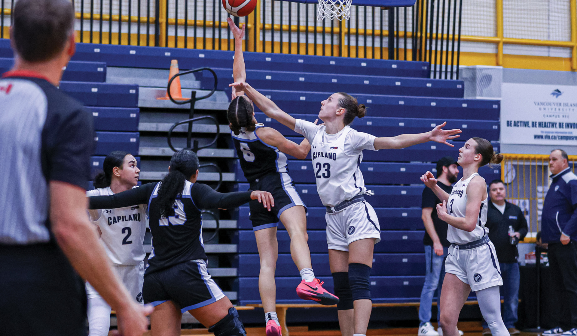 Lucia Lopez (23) tries to guard the Capilano rim during Saturday's 62-47 setback at VIU. (Matt Carter photo)