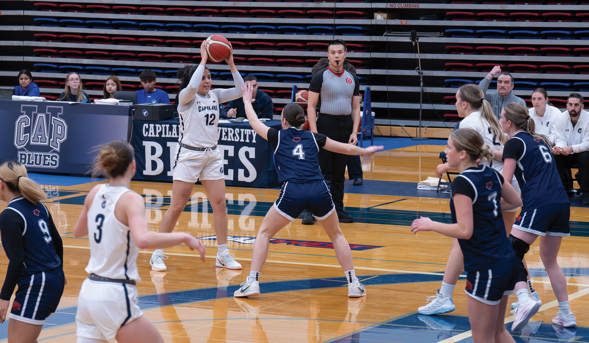 Sereena Hothi (12) fashioned her first double-double of the season Nov. 28 to help the Capilano Blues to a convincing win over visiting Columbia Bible College. (Chris Raeside photo)