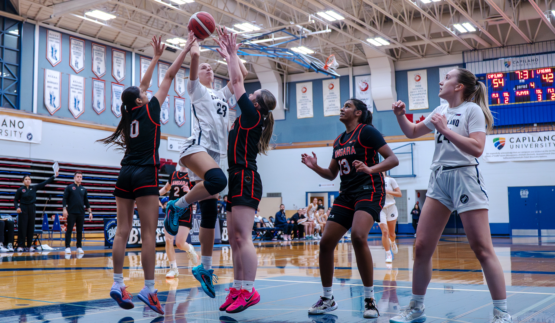 Lucia Lopez rises for a layup during a Blues 63-47 home win Nov. 6 over the visiting Langara Falcons. (Chris Raeside photo)