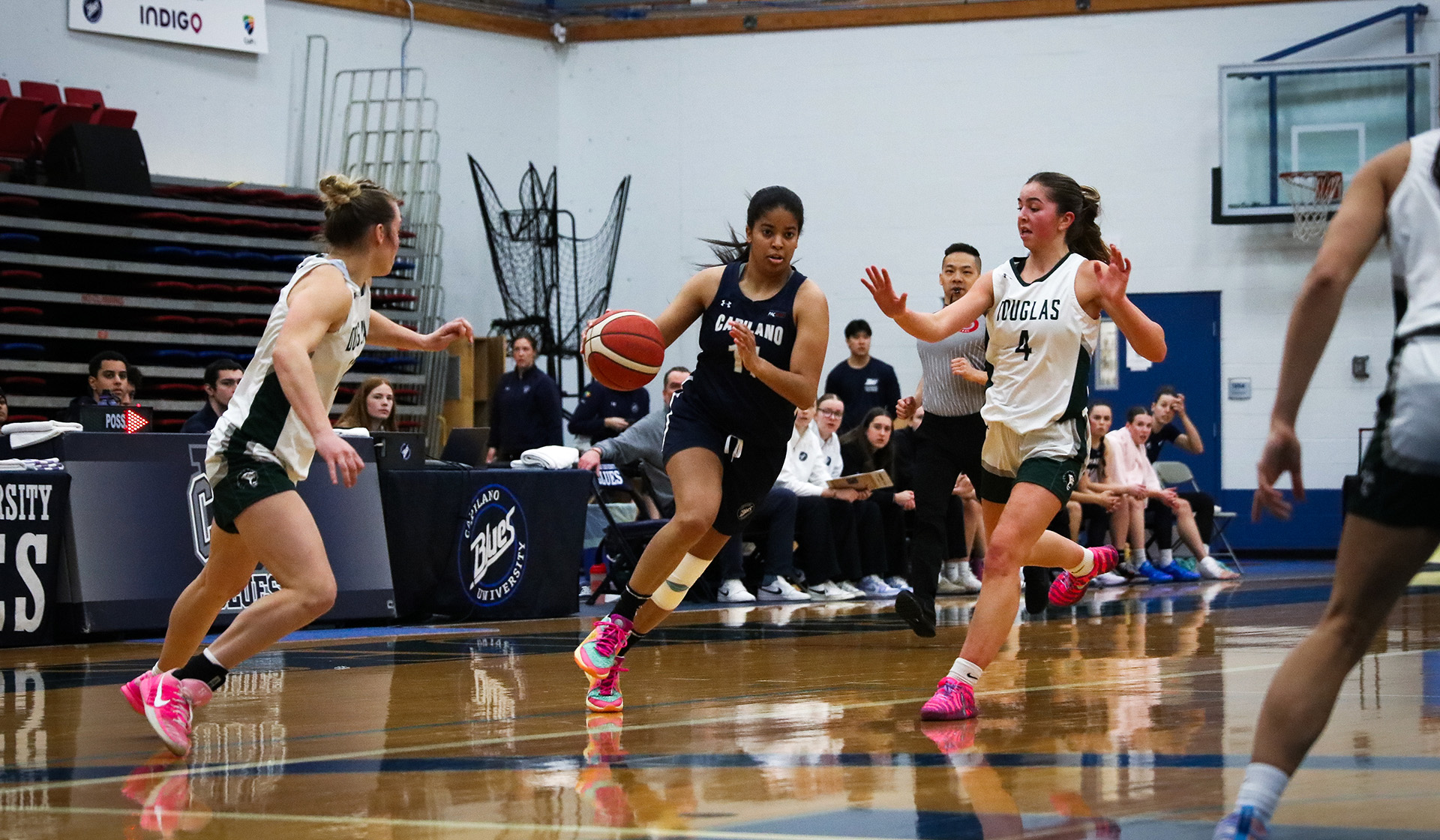 Sheleese Hoilett dribbles up the court fighting Douglas College Royals. (Photo: Braeden Yu)