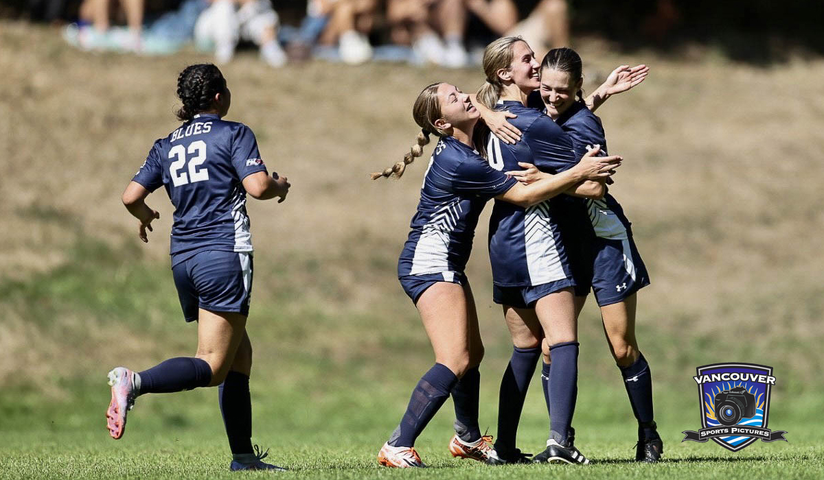 Sophie Pather (left) joins Caitlyn Chiu, Mya Fraser and Julia Peyton to celebrate Peyton's goal off a free kick Saturday against VIU at Lillooet Park at Capilano University.