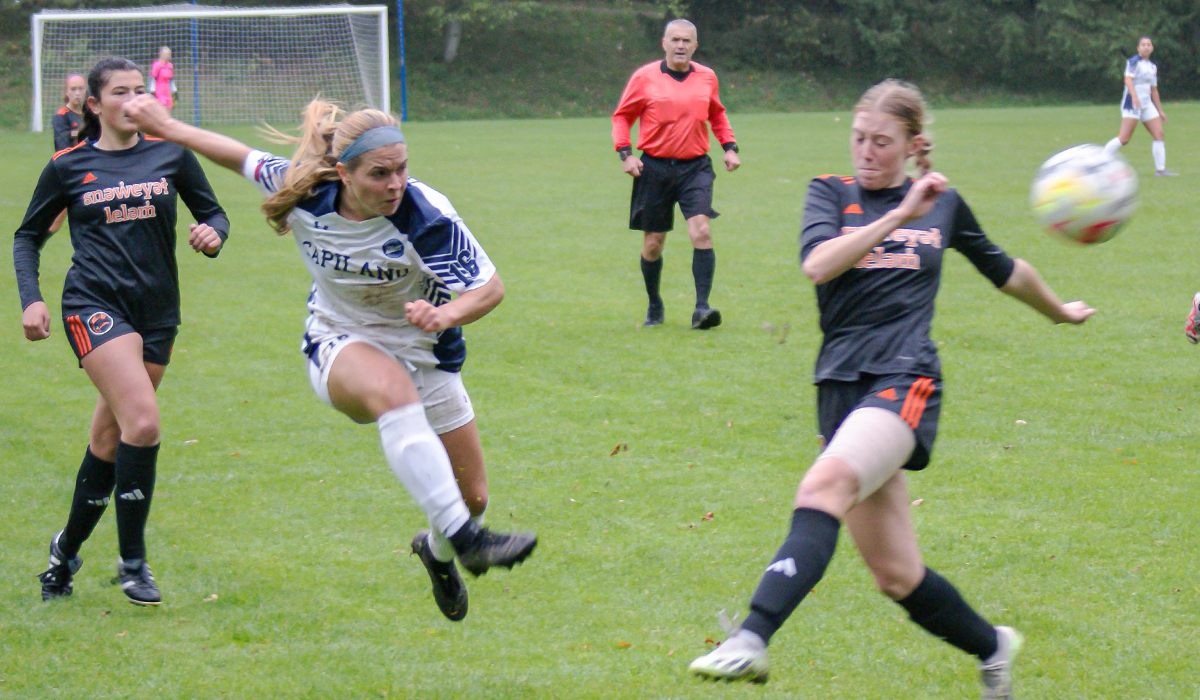 Catrina Olstrom drives a shot on goal during Sunday's 1-0 win over the visiting Langara College Falcons.