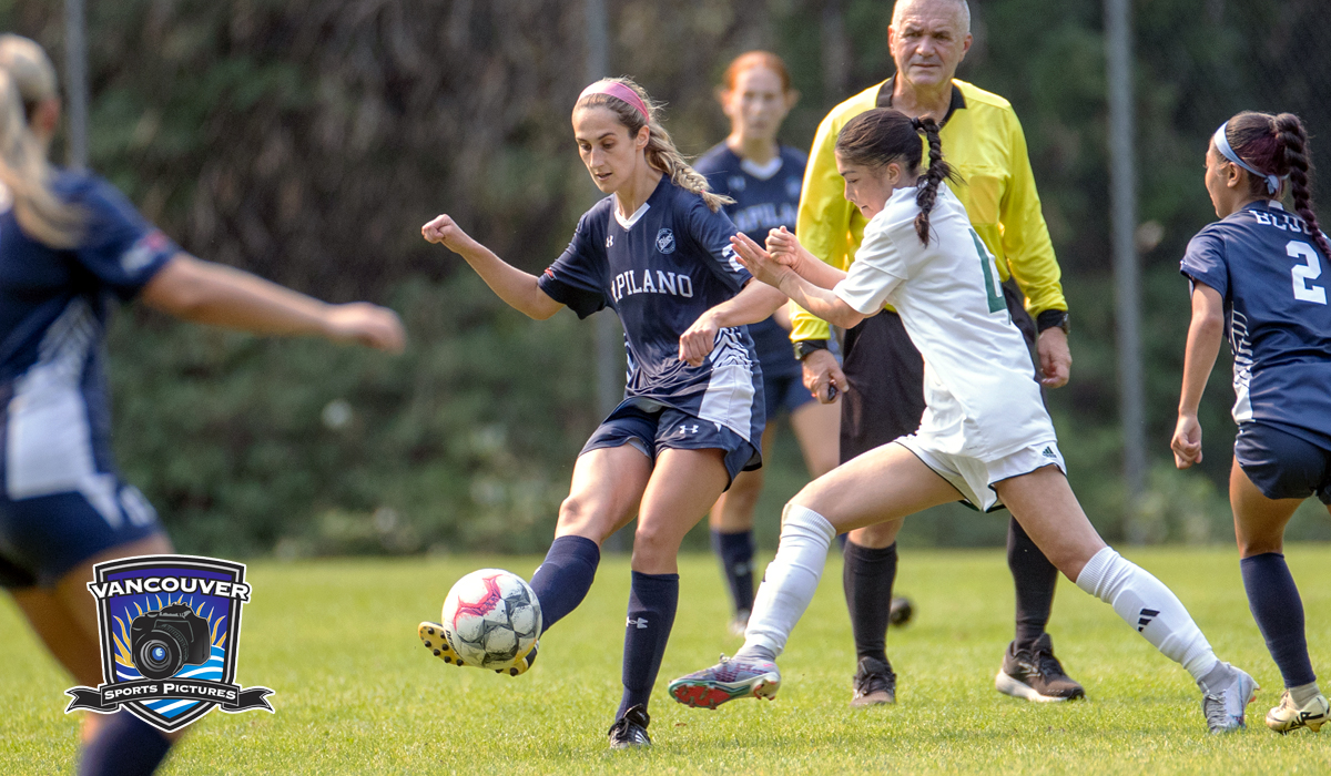Mya Fraser (on ball) and the Capilano Blues earned a win and a tie against Langara College in PACWEST play Sept. 28 and 29 (Vancouver Sports Pictures) 