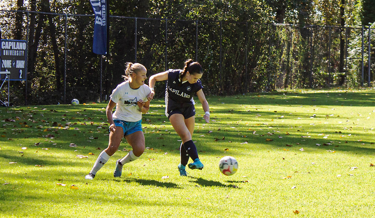 Capilano's Amelia Mori (right) was a key piece for the Blues with a goal and an assist in a win over Langara Sept. 14 and a tie with VIU Sept. 15. (Blues Athletics photo)