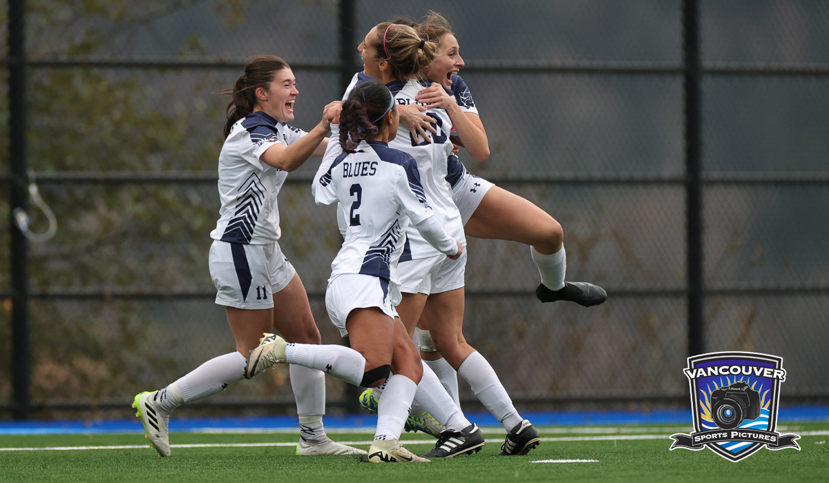 Capilano Blues players (left to right) Maya Smith, Klera Ramilo, Mya Fraser and Erika Di Lorenzo celebrate Di Lorenzo's game-winning goal Nov. 7 in a 1-0 win over Mount St. Vincent University at the CCAA Women's Soccer National Championship. (Vancouver Sports Pictures)
