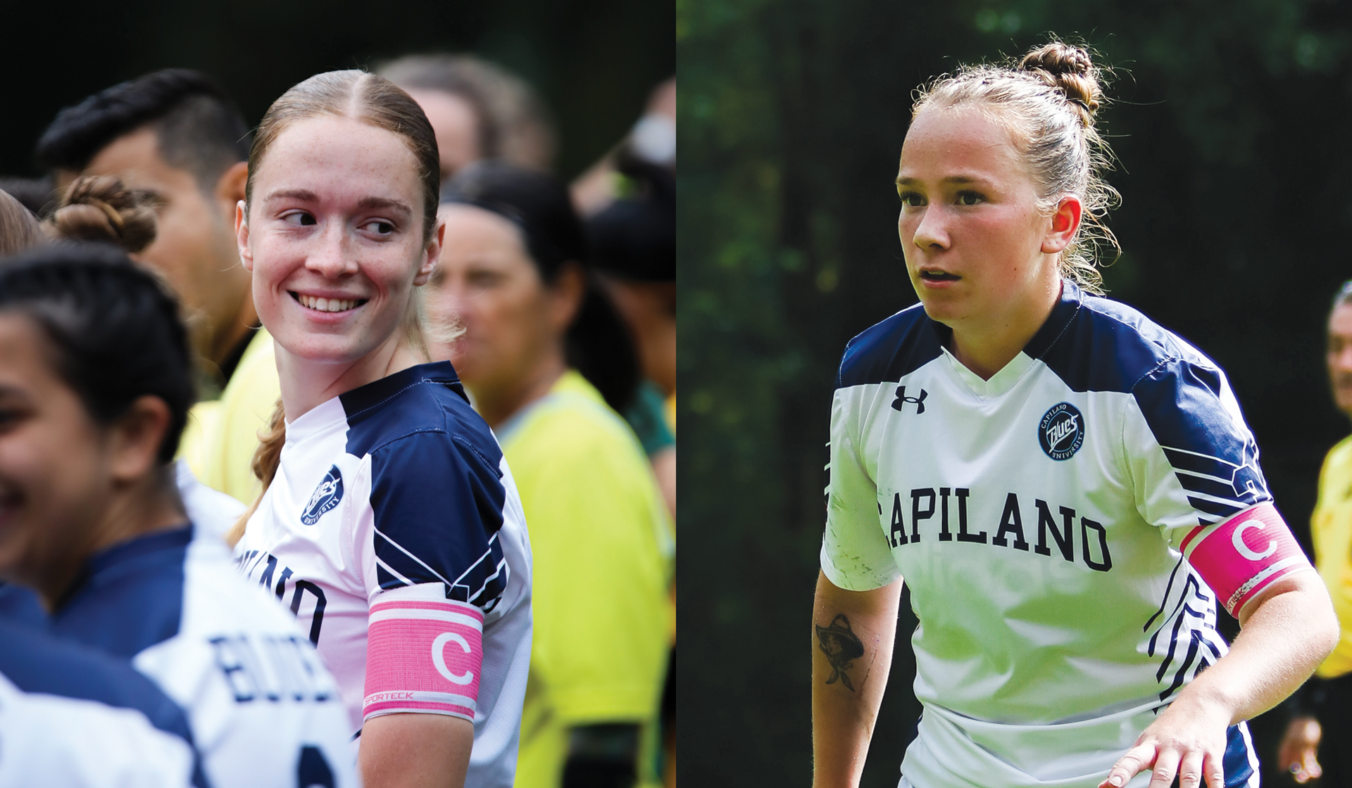 Blues captains Lauren Grey (left) and Kai Belbin graduated from the women's soccer team Oct. 19 after a miraculous late goal at Langara.