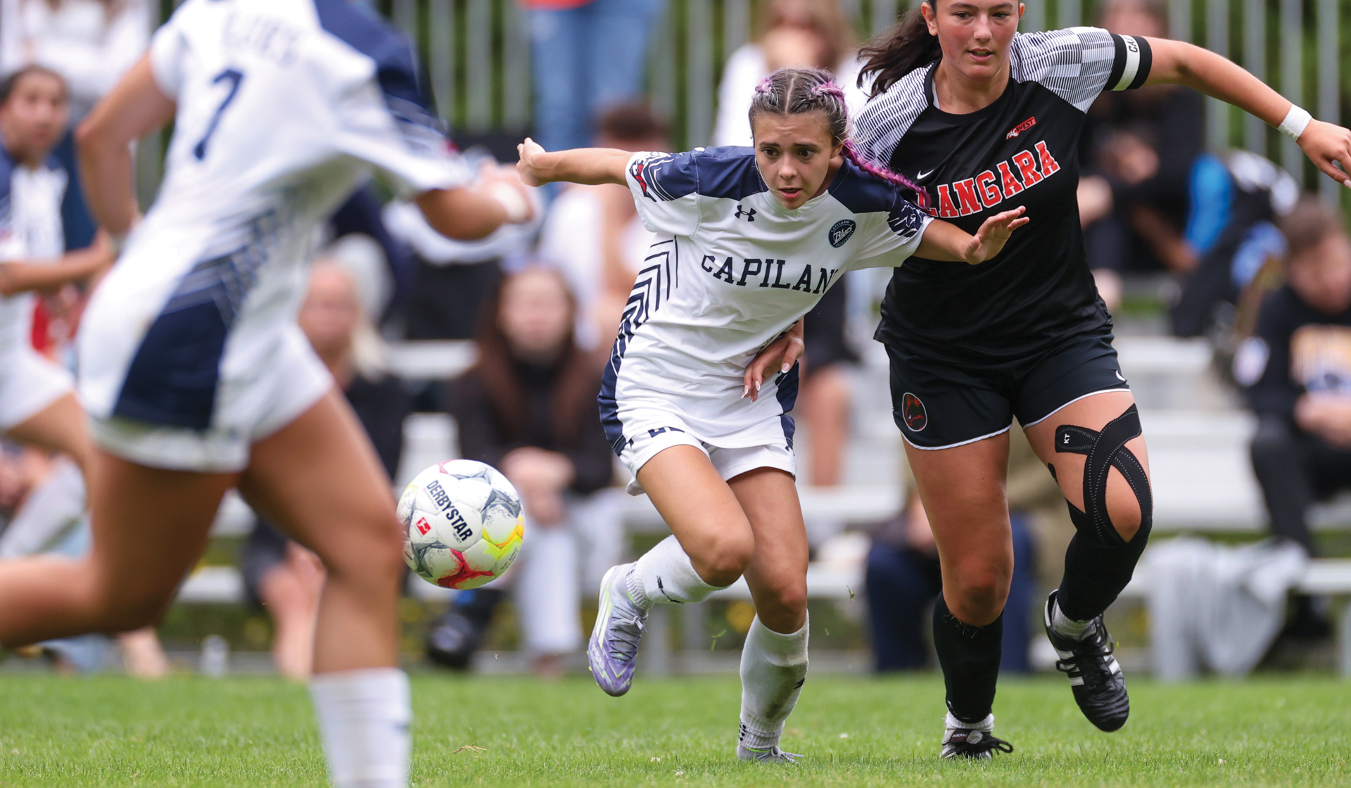 Capilano's Leah Herald tracks down a loose ball against Langara College. (Braeden Yu photo)
