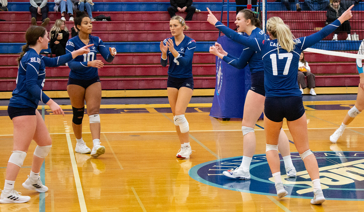 The Blues couldn't make it three straight wins, dropping a four-set decision Feb. 4 at Columbia Bible College.