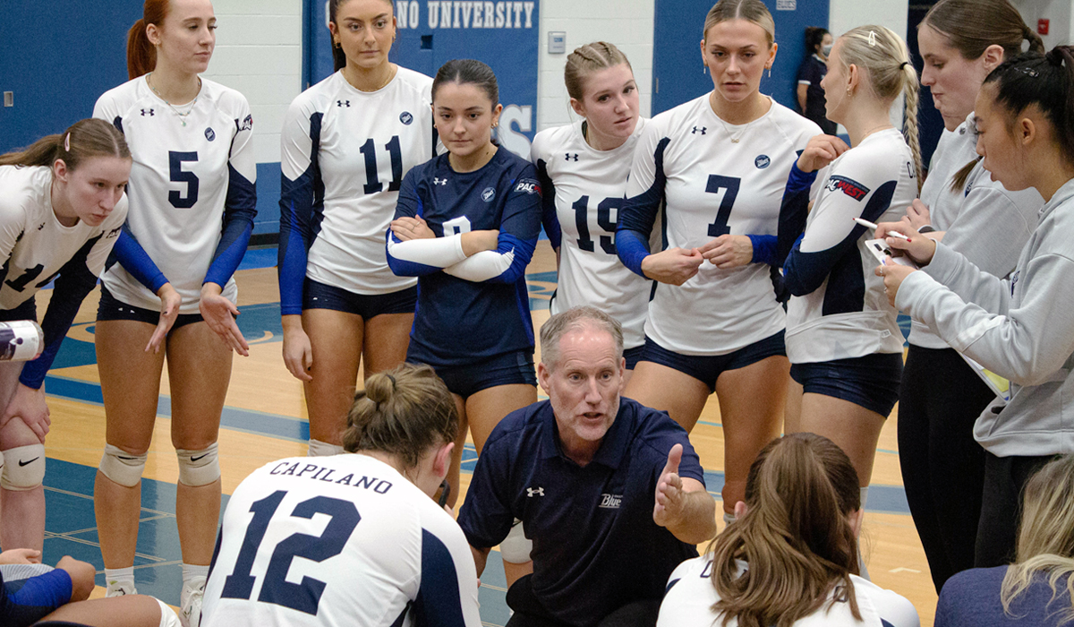 Blues head coach John Swanson (centre) and his team are looking for their first win of the 2024-25 season after opening the schedule at Camosun College.