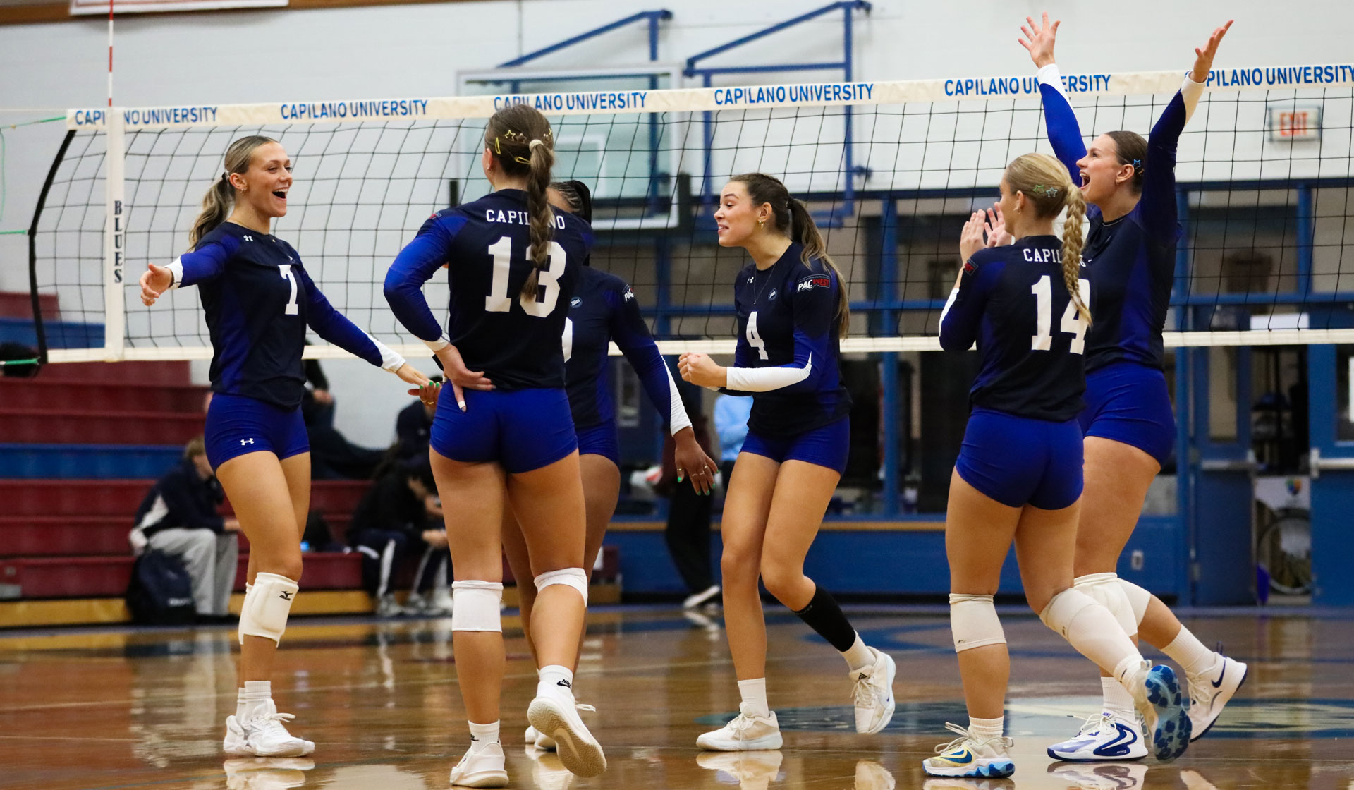 Blues celebrate during sweep of Bearcats (Braeden Yu photo)