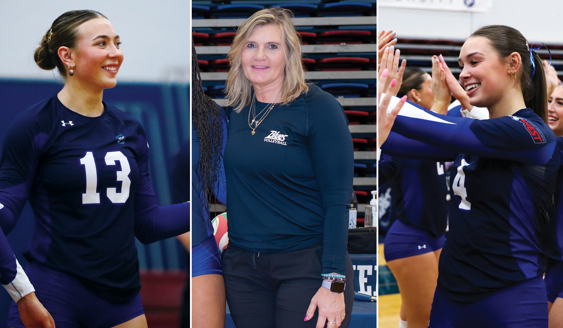 (From left) Abby Betker was named PACWEST Player of the Year and Top Outside hitter, Sue Soolsma took Coach of the Year honours and Natalie Rourke was named the conference's Top Middle Blocker.