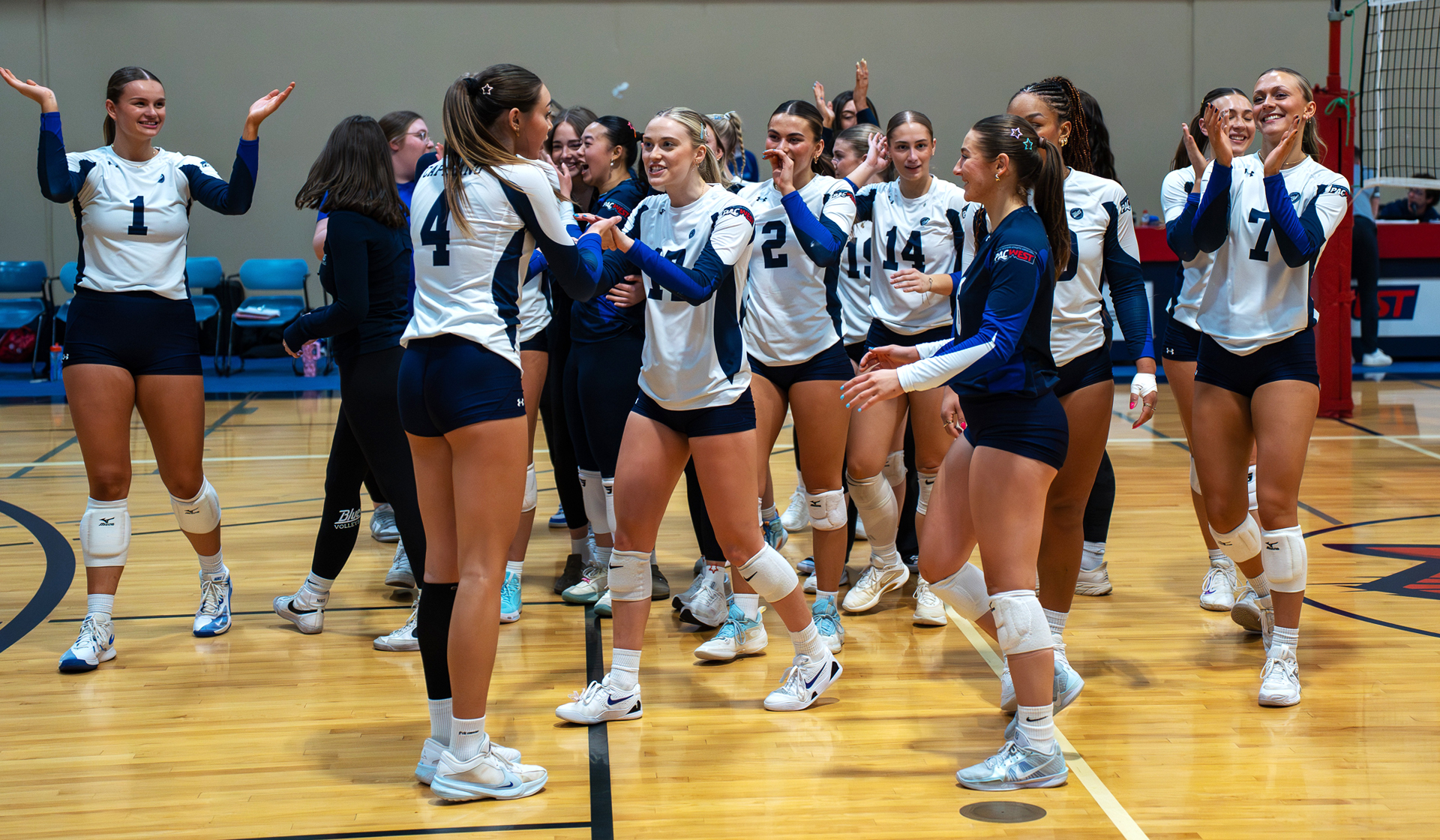 The Capilano Blues scored a straight-sets win over the Douglas College Royals in the PACWEST Provincials semifinal Friday and will play VIU for gold. (Chris Raeside photo)