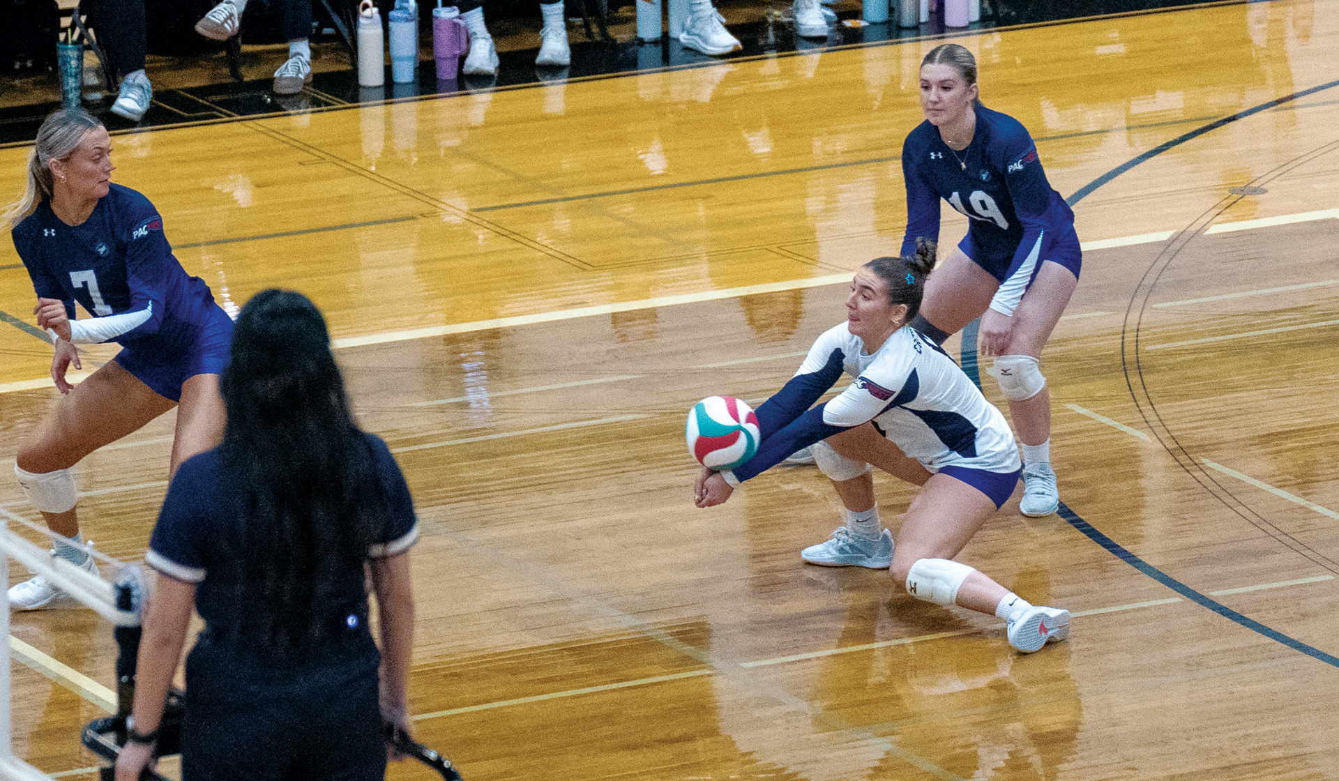 Blues libero Monica Hoffman reaches for a dig during an Oct. 24 Capilano win at Douglas College. (Chris Raeside photo)